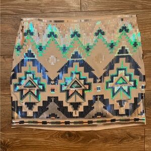 Express Party Sequin Mini Skirt Aztec Print Womens XS EUC